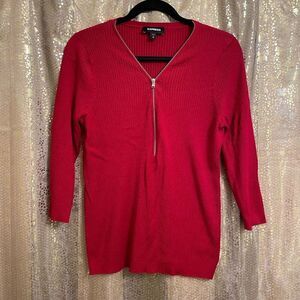 Express Red Ribbed Half Zip Stretchy Casual Sweater, XL